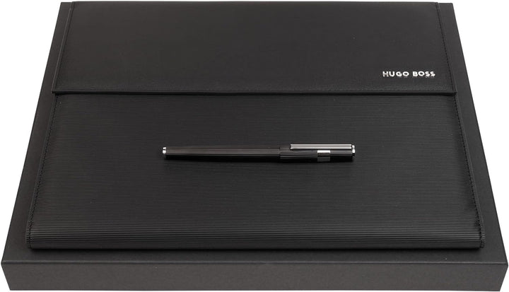 Hugo Boss Schreib-Set Tintenroller Gear Pinstripe und A4 Schreibmappe Pinstripe in der Geschenkbox,