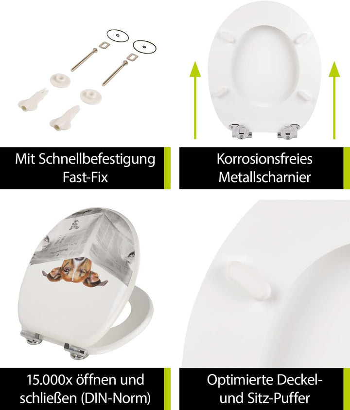 aquaSu® WC-Sitz mit Absenkautomatik, lustiges Dekor Lesestoff, Toilettensitz mit Holz-Kern & Fast Fi