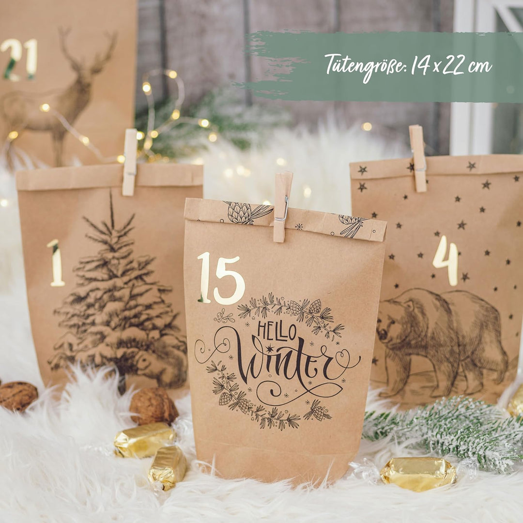 Papierdrachen Adventskalender 2025 zum Befüllen - 24 bedruckte Papiertüten mit Zahlenaufklebern & Kl