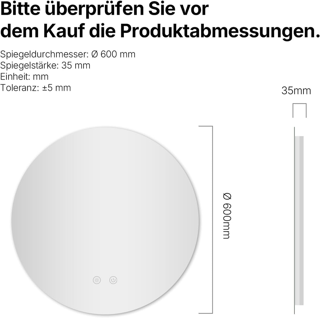 Badspiegel mit Beleuchtung Rund, 60 cm LED Spiegel mit Touch-Schalter, Badezimmer Spiegel mit Beleuc