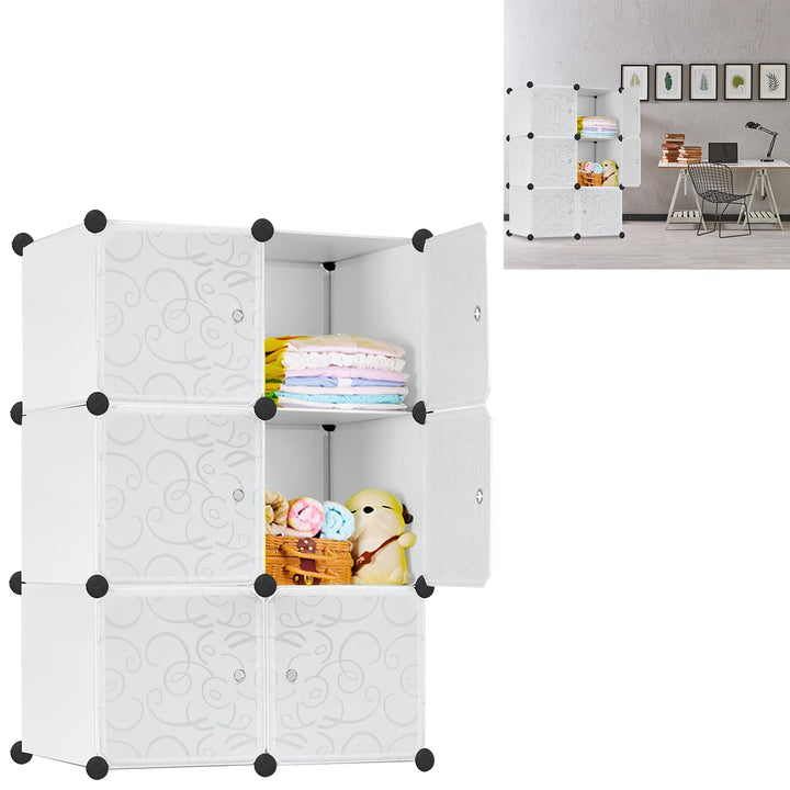 YUENFONG Kleiderschrank Regalsystem aus 6 Würfeln PP Material, Garderobenschrank mit Türen Tragbarer