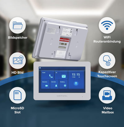 Mathfel 2 Draht Bus Video Türsprechanlage für Einfamilienhaus, 7 Zoll WLAN Monitor, Aussenstation in
