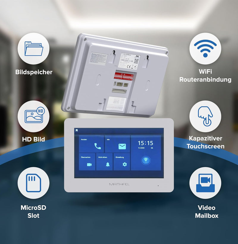 Mathfel 2 Draht Bus Video Türsprechanlage für Einfamilienhaus, 2x7 Zoll WLAN Monitor, Aussenstation