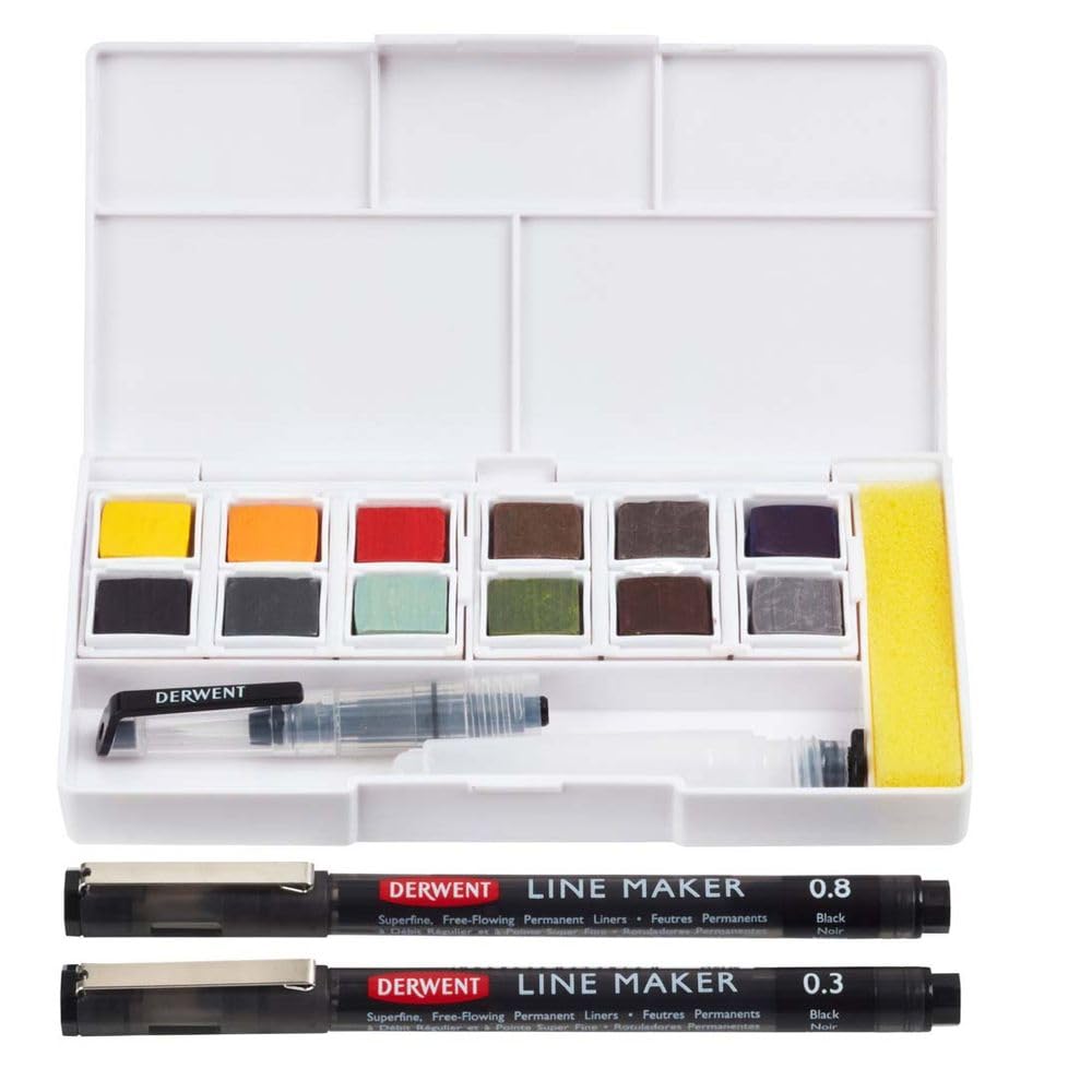 Derwent Line and Wash Farb-Set, Set mit 12 Sortierten Farbtöpfchen, Inklusive 2 x Fineliner-Stiften,