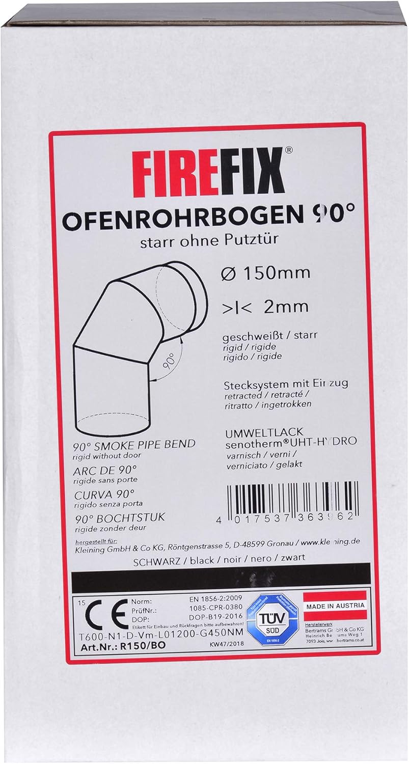 FIREFIX R150/BO Ofenrohrbogen aus 2 mm starken Stahl (Rauchrohr) in 150 mm Durchmesser, für Kaminöfe