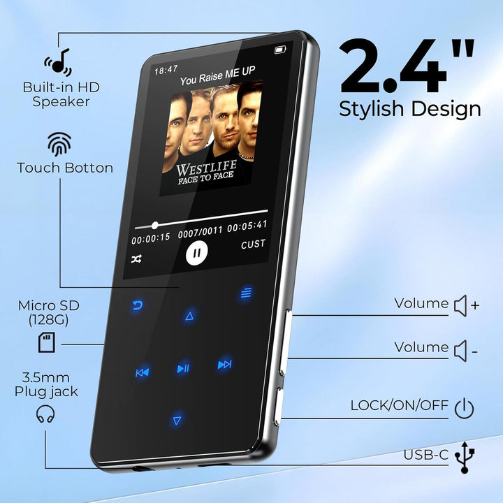 64GB MP3 Player Bluetooth 5.3, mp4-Player, 2,4-Zoll-Bildschirm Tragbarer mp3-Player für Kinder mit e