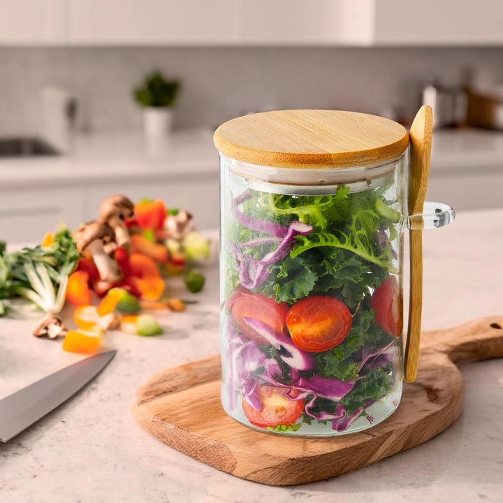 YBCPACK 4 Stück Overnight Oats Gläser 500ml, Vorratsgläser mit Bambusdeckel & Löffel, auslaufsichere