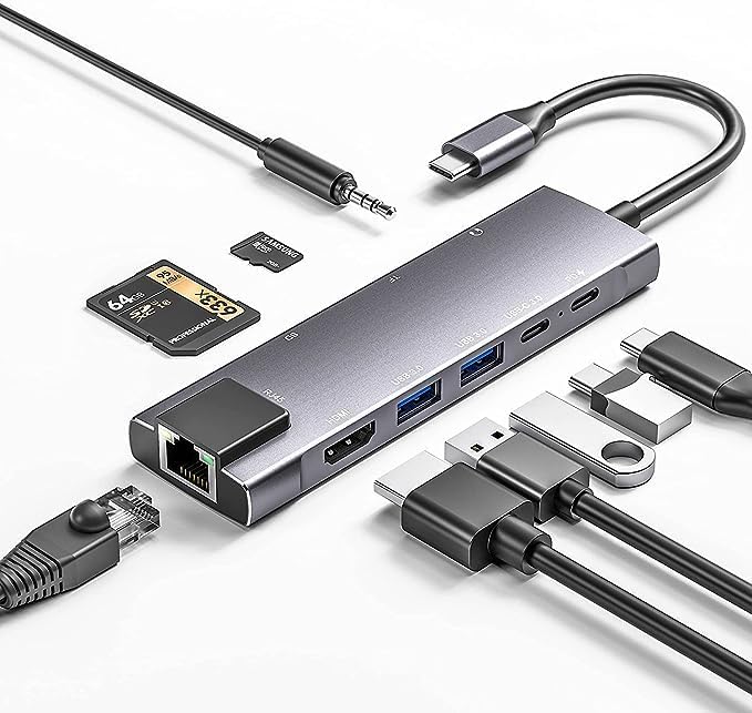 USB C Hub 9 in 1 Multiport Adapter w/Gigabit Ethernet, 100W PD, 4K@60Hz, 2 USB 3.0, USB C 3.0 Data,