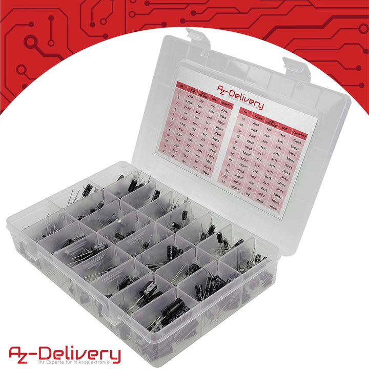 AZDelivery 3 x ElKo Sortiment Elektrolytkondensator Aluminium 24 Werte 500 Stück 0.1uF – 1000uF mit