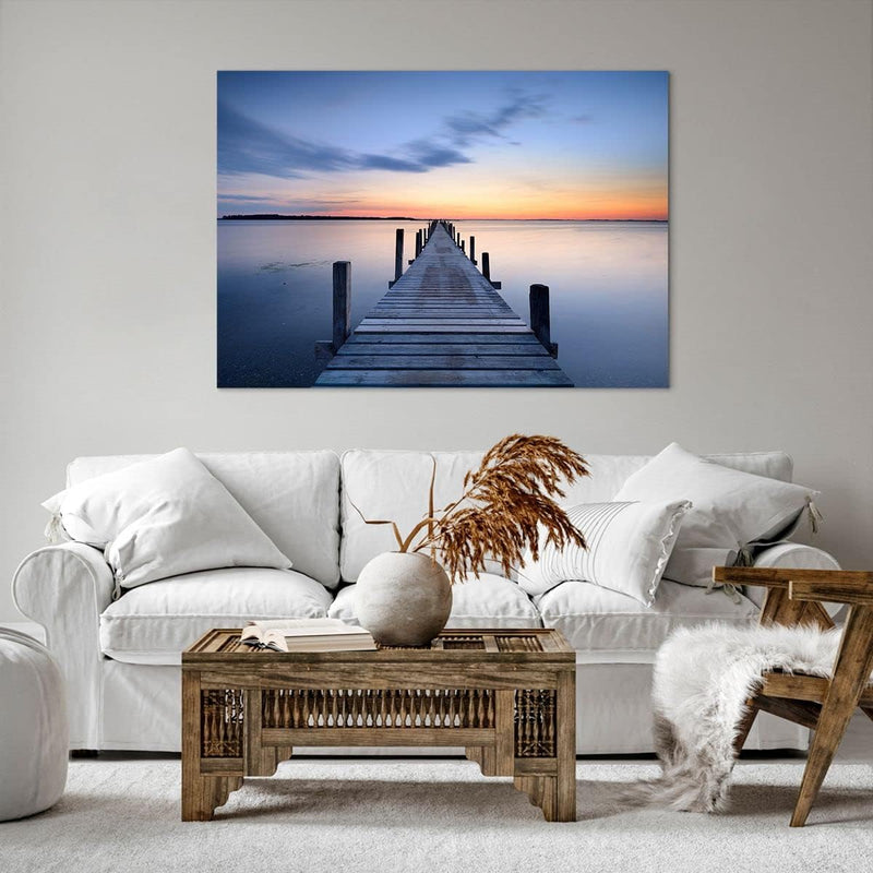 Bilder auf Leinwand 100x70cm Leinwandbild Sonnenuntergang See Wasser Brücke Gross Wanddeko Bild Schl