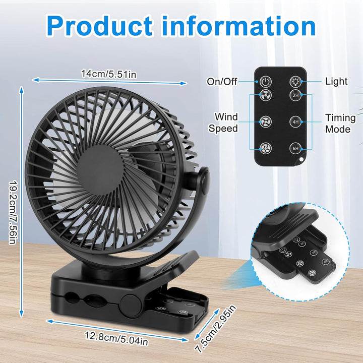 12000mAh Camping Ventilator, Clip Ventilator Akku mit Fernbedienung, Wiederaufladbarer Tischventilat