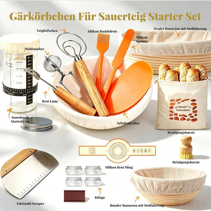 Sauerteig Starter Set mit 2 Gärkörbchen Natürlichem Rattan (25cm Ovale & 23cm Runde) 900ml Glasgefäs