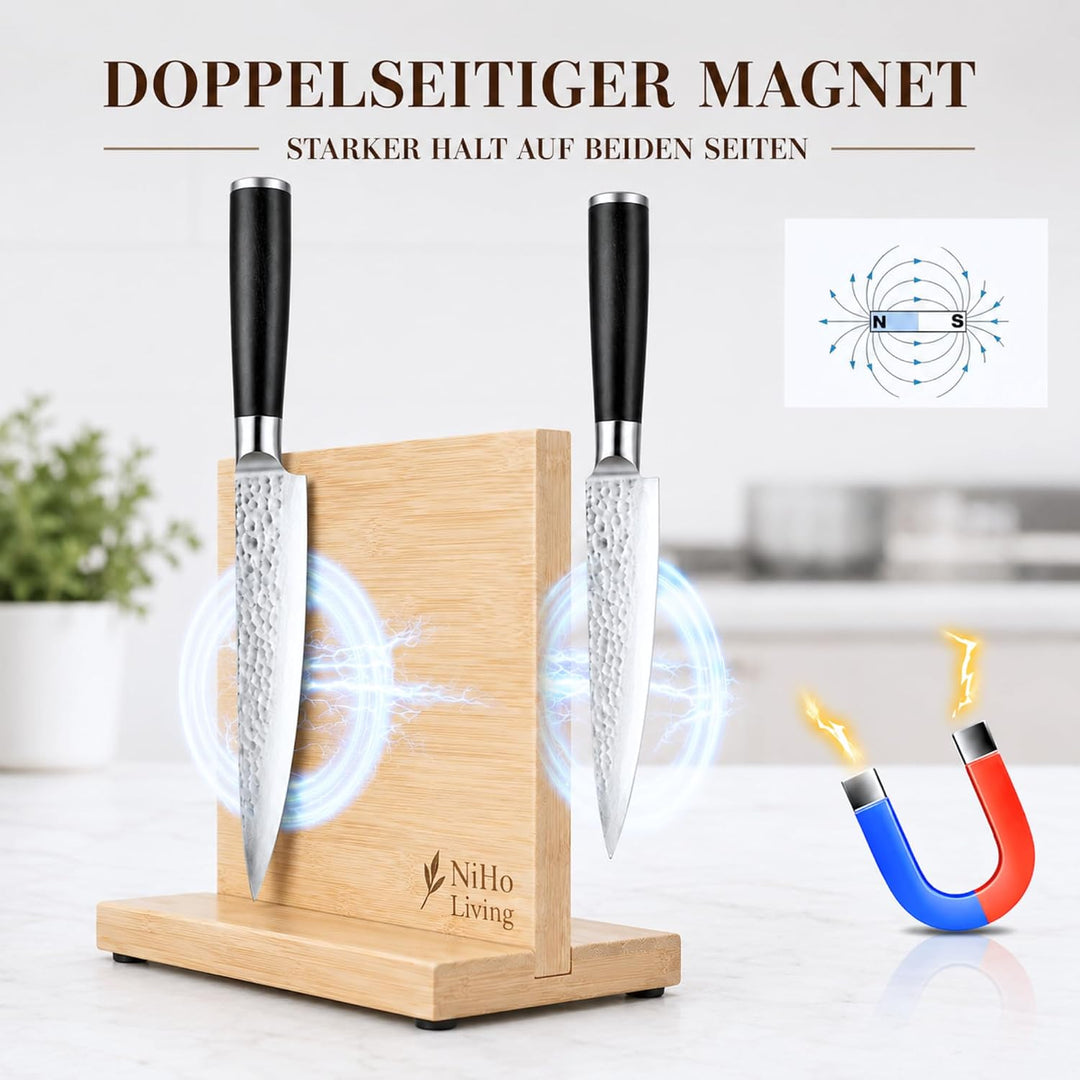 Messerblock Magnetisch ohne Messer, Bambus – Beidseitiger Messerhalter, Freistehend &amp; Platzsparend