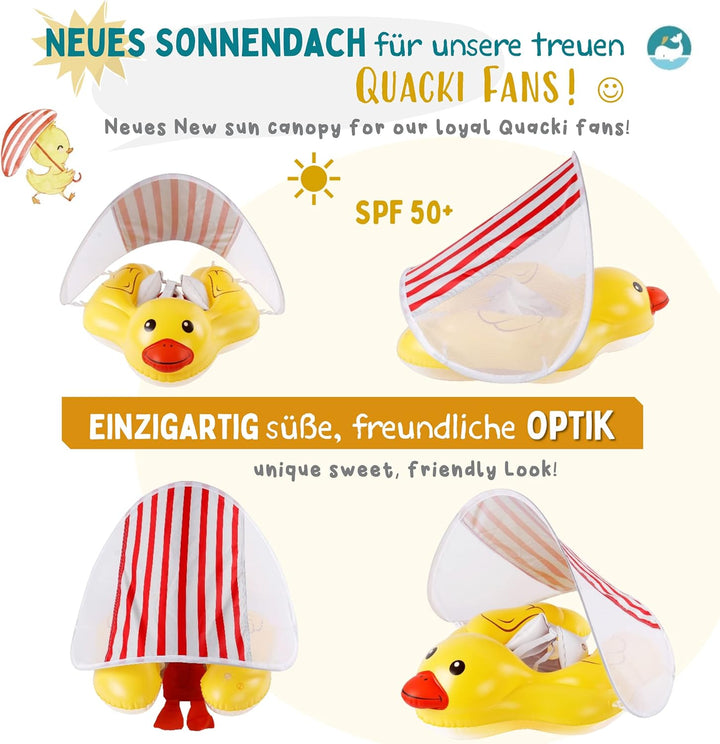 EDWEKIN® Premium Baby Schwimmring mit Sonnendach | Süsser Enten-Schwimmreifen mit UV-Schutz 50+| Sch