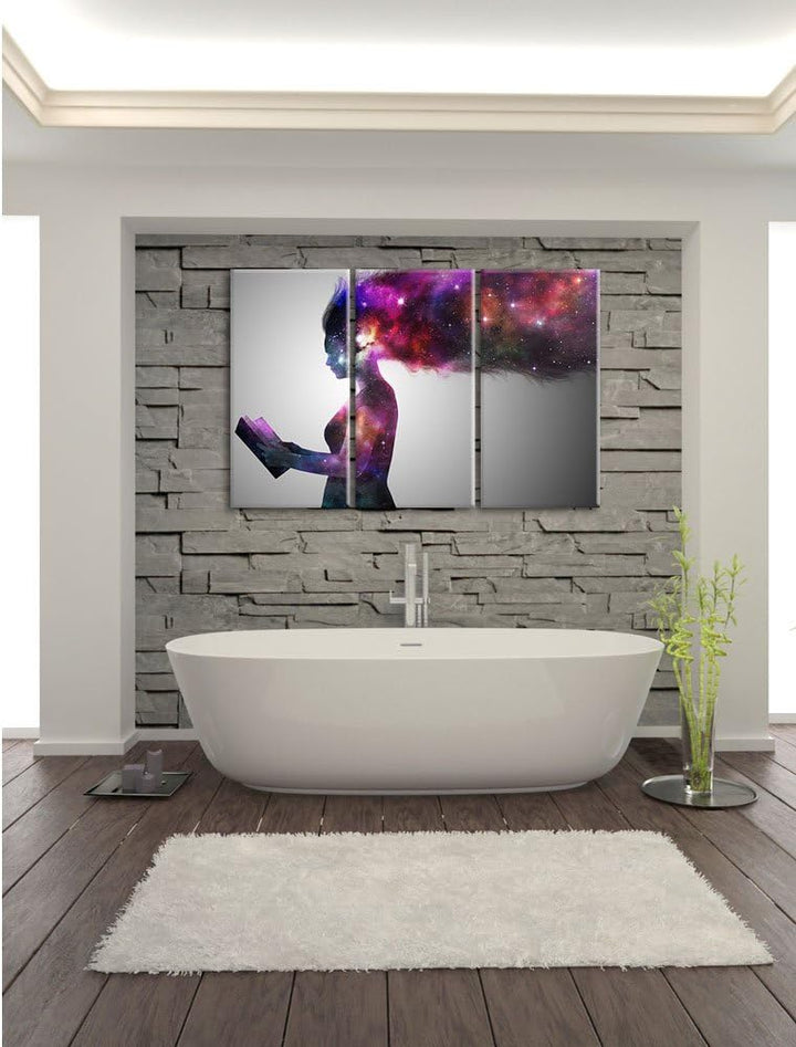 Pixxprint abstrakte Frau mit Buch als Leinwandbild/Grösse: 3 Teilig (120x80) cm/Wandbild/Kunstdruck/