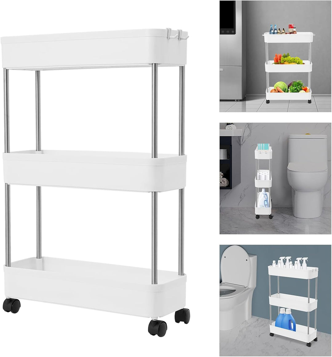 Küchenwagen, Servierwagen Küchenwagen 3 Etagen, Utility Cart Rollwagen mit Rollen und Haken, Aufbewa