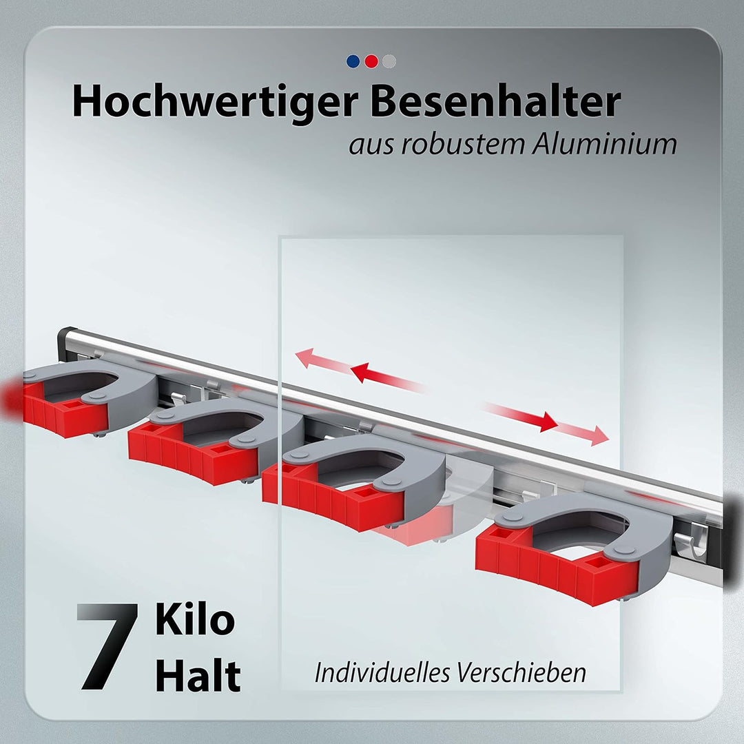 GARLAVIE Gerätehalter mit 4 Haltern und 5 Haken (45cm) I flexible Besenhalterung Wand für mehr Ordnu