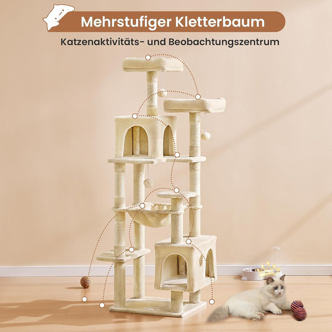 MSmask Kratzbaum gross, L Katzenbaum Stabil, Katzenkratzbaum mit 2 Plattformen, 2 Katzenhöhlen, Häng