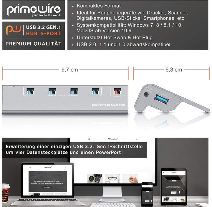 CSL - 5 Port USB 3.2 Hub Aktiv mit Netzteil und USB Kabel - USB 3.0 USB 3.2 Gen.1 Datenhub für MacBo