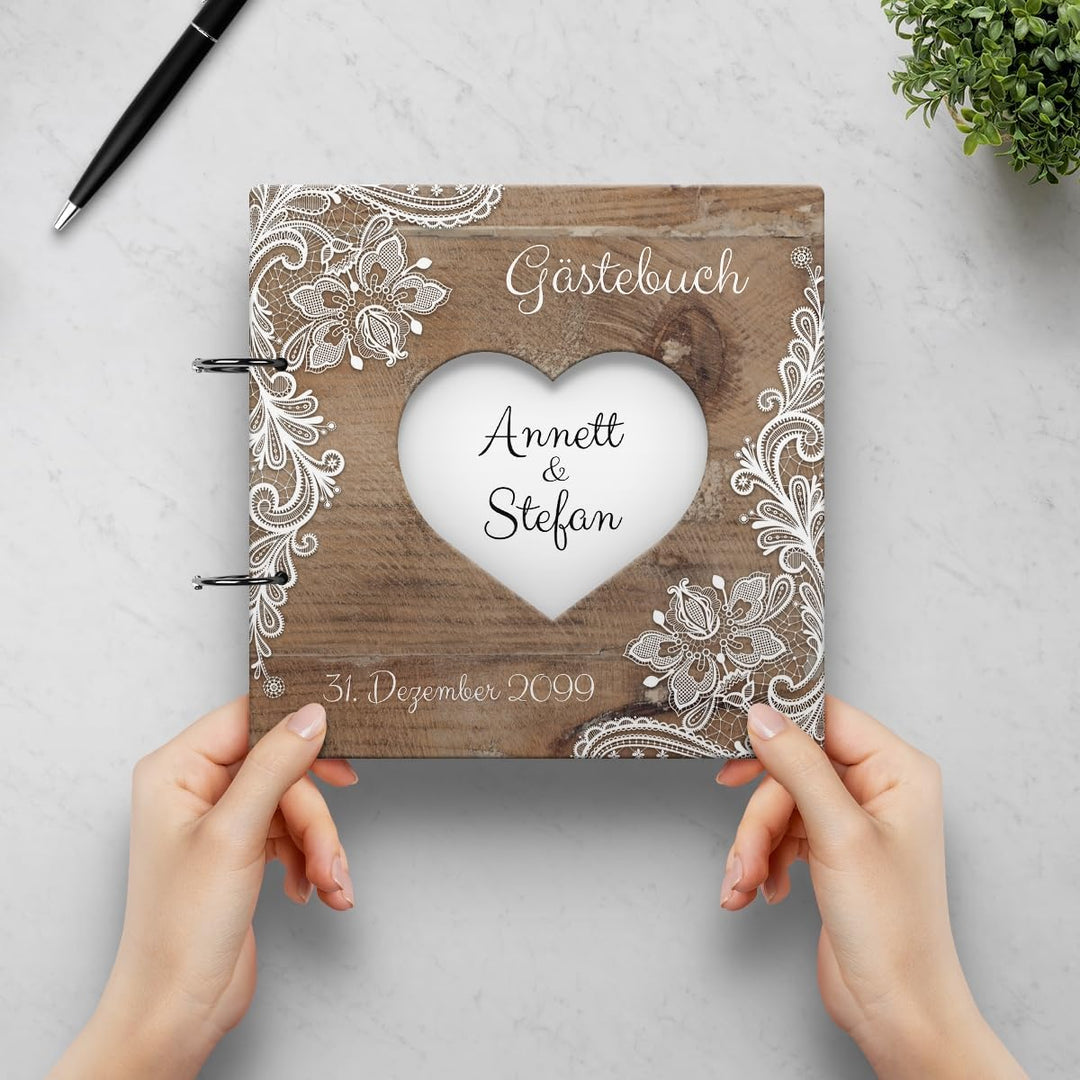 Personalisiertes Hochzeit Gästebuch - Rustikal Motiv (HDF bedruckt mit Holzmotiv und Weisser Spitze)