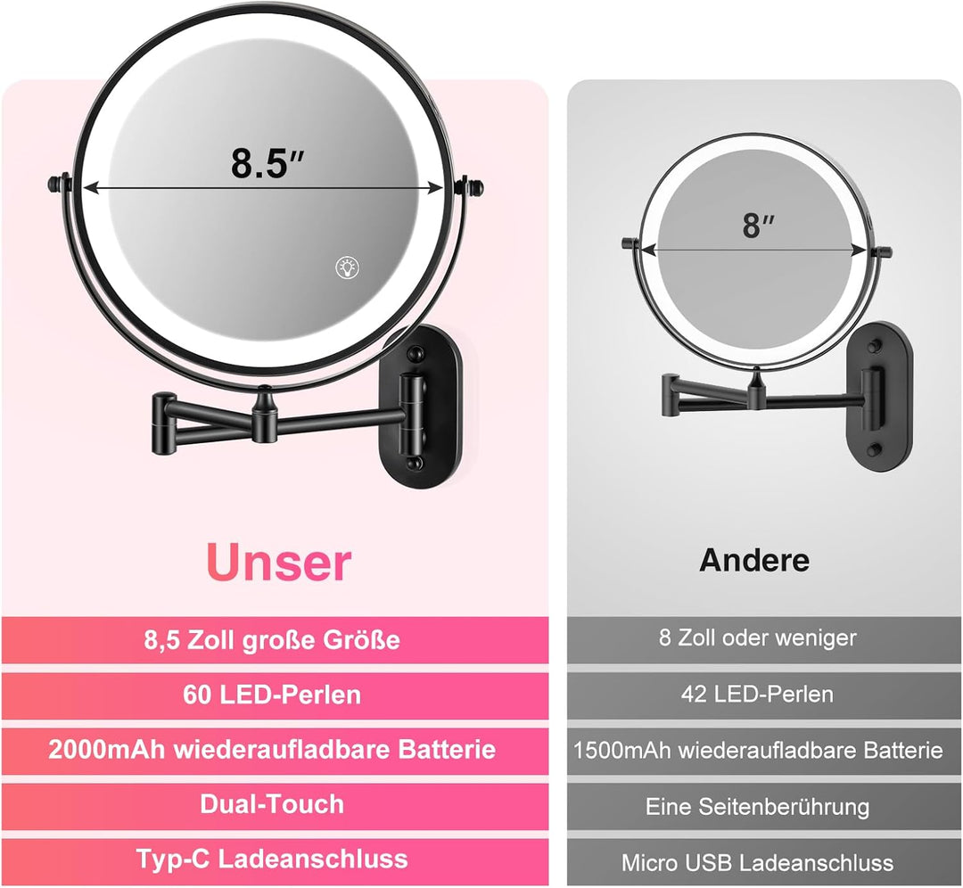 Vergrösserungsspiegel mit Beleuchtung 1x/15x & Akku: Wandmontierter beleuchteter Schmink- und Kosmet
