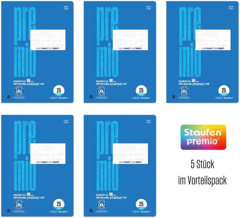 Staufen premio Schulheft - 5 Hefte je 32 Blatt, DIN A4, Lineatur 25 (liniert mit Rand), 90 g/m² Recy