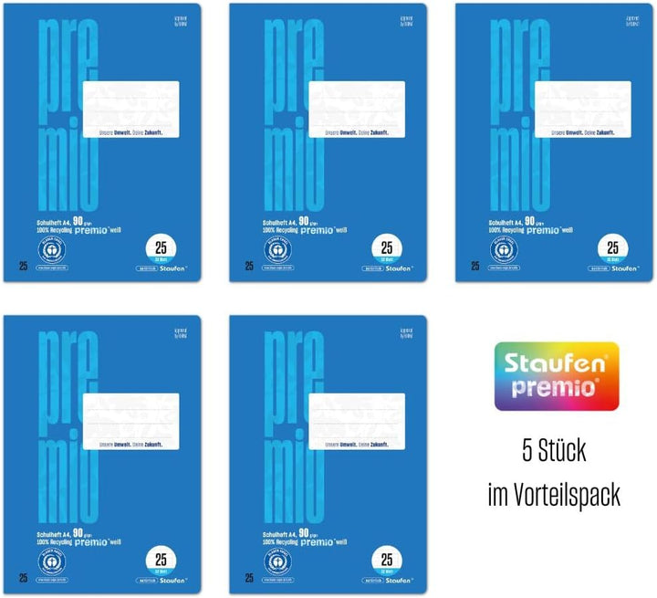 Staufen premio Schulheft - 5 Hefte je 32 Blatt, DIN A4, Lineatur 25 (liniert mit Rand), 90 g/m² Recy