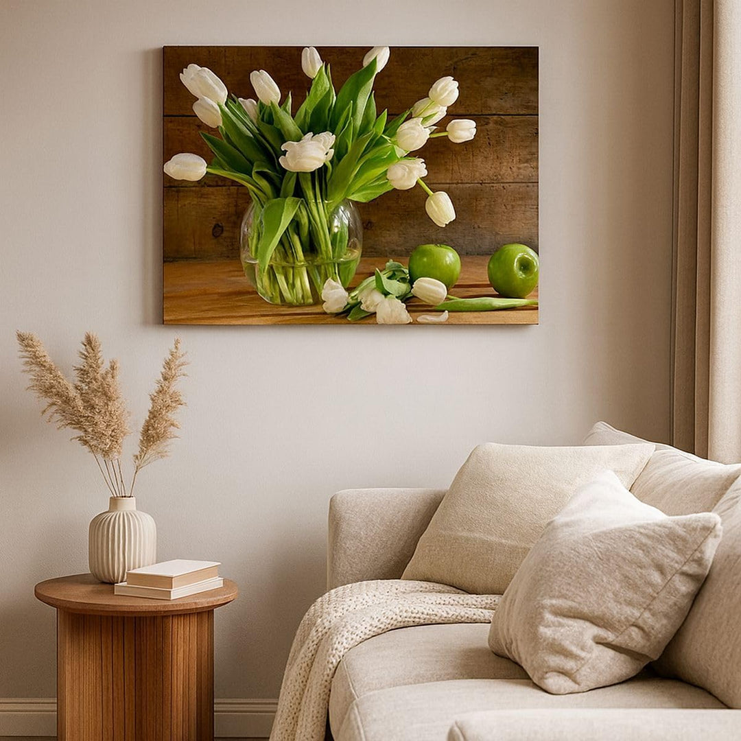 Bilder auf Leinwand 100x70cm Leinwandbild Tulpen Apfel Blumenstrauss Frühling Gross Wanddeko Bild Sc