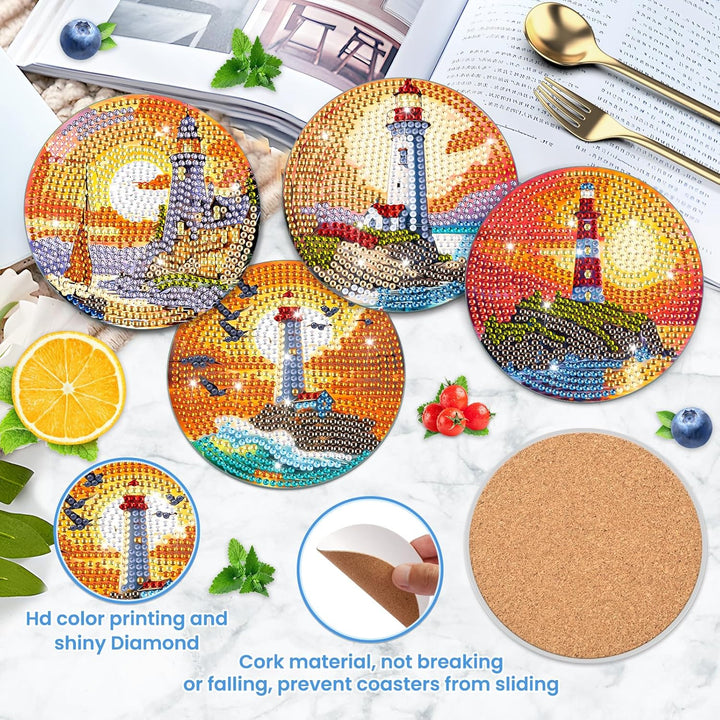 8 Stück Untersetzer für Diamond Painting Leuchtturm, unter Glas, Diamond Painting Landschaft, Diaman