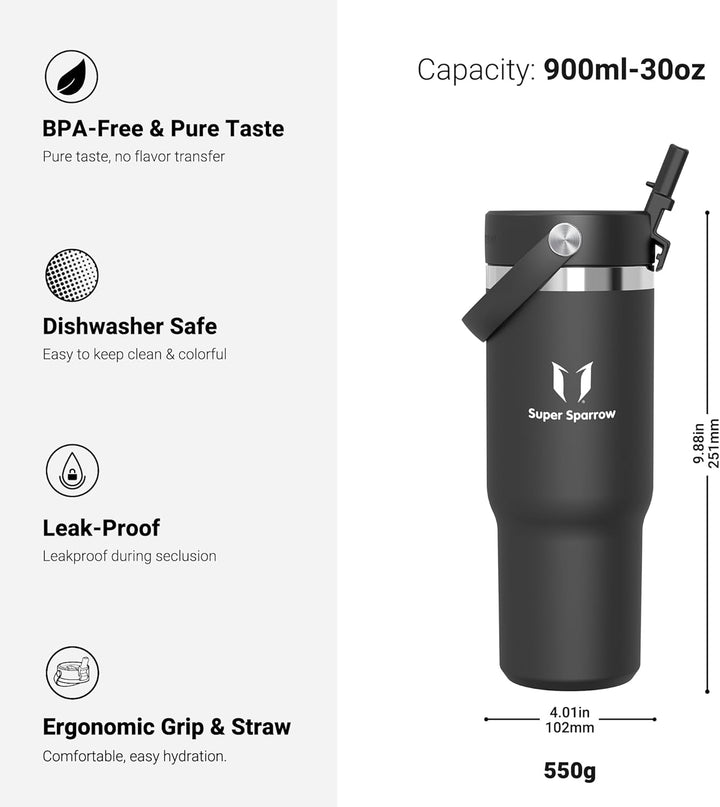 Sparrow Trinkflasche Edelstahl - Twistpath Thermosflasche mit Flex-Strohhalmdeckel - 900ml - BPA-fre