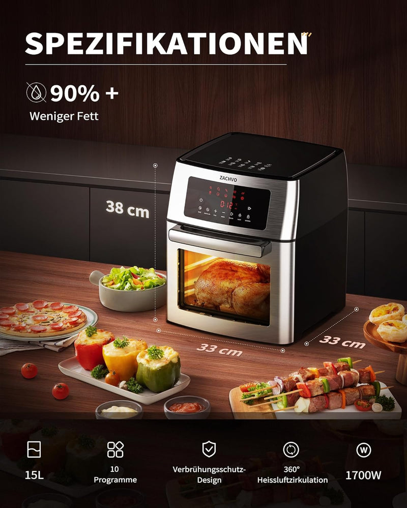 Heissluftfritteuse XXL - ZACHVO Airfryer 15L - 10 Programme Heissluftfriteuse 1700W mit LCD Touchscr