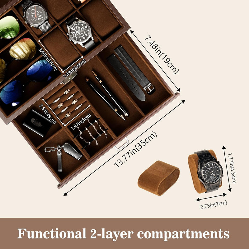 ProCase Uhrenbox Brillenbox aus Holz in Klavierlack hochglänzend, 2 Ebenen, Brillen Aufbewahrungsbox