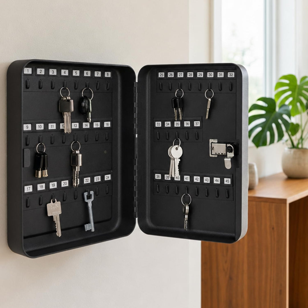 HMF 14500-02 Schlüsselkasten mit Zahlencode | 45 Haken | 30 x 24 x 7,5 cm | Schwarz, 30 x 24 x 7,5 c