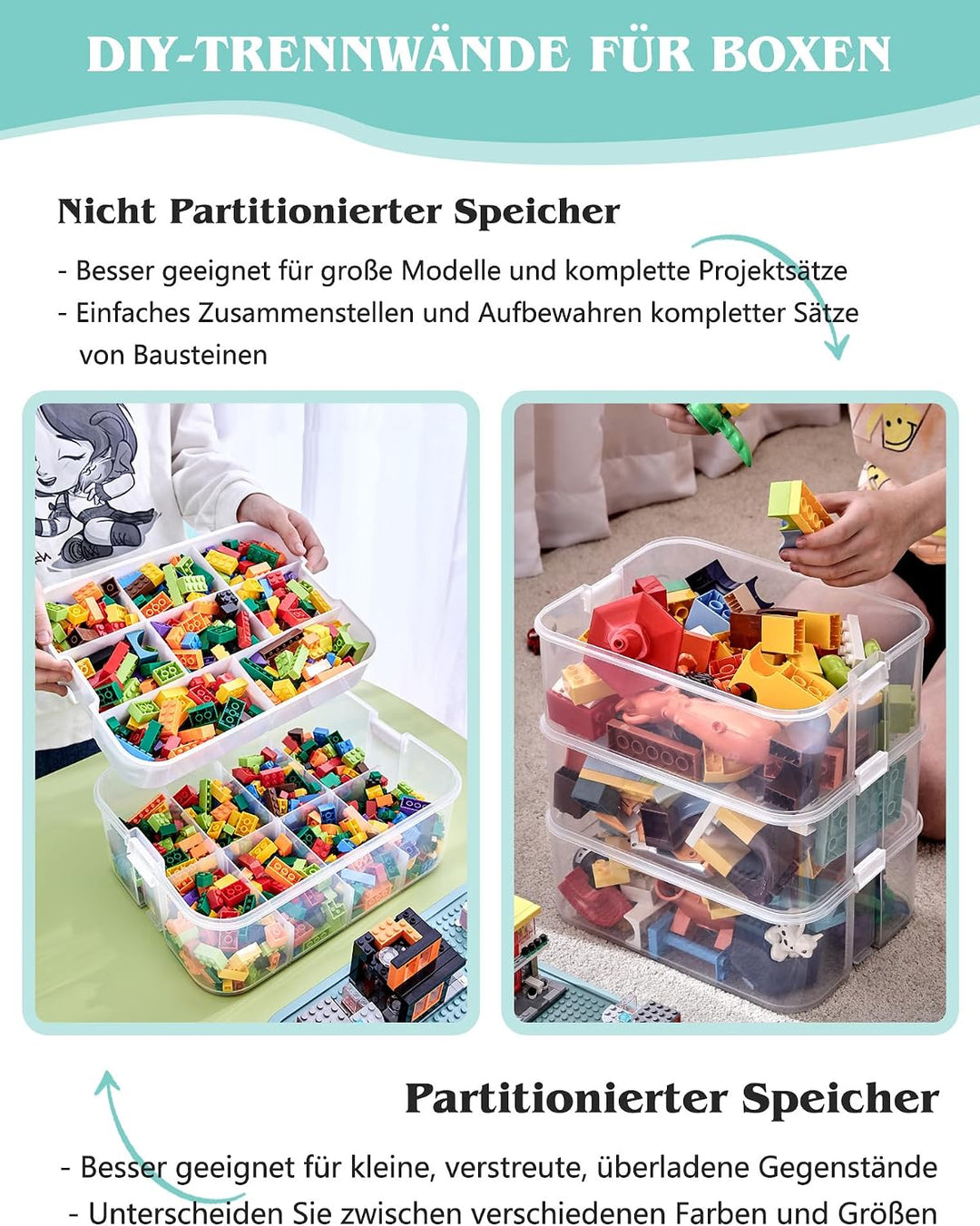 Aufbewahrungsboxen mit Deckel für Lego, 3 Ebenen Transparente Sortierbox, Plastik Stapelbar Box mit