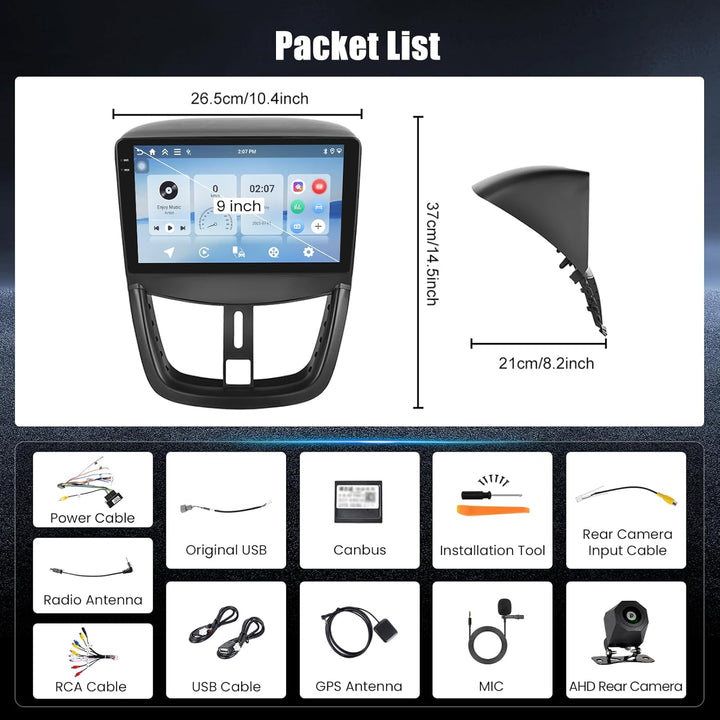 Hikity 4+128G Android 15 Autoradio für Peugeot 207 2006-2015, 9" Incell Incell Bildschirm Radio mit