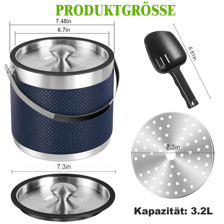 3.2L Eiswürfelbehälter mit Deckel und Schaufel, Upgrade Lederdesign Edelstahl Eiskübel, Doppelwandig