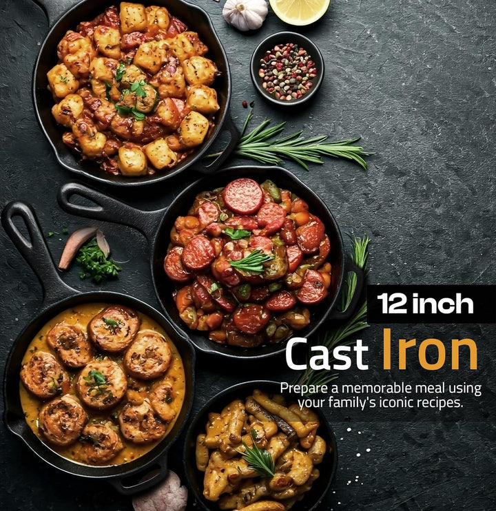 KICHLY Vorgewürzt Gusseisen Skillet 12 Zoll, Safe Grill Kochgeschirr für den Innen- und Aussenbereic