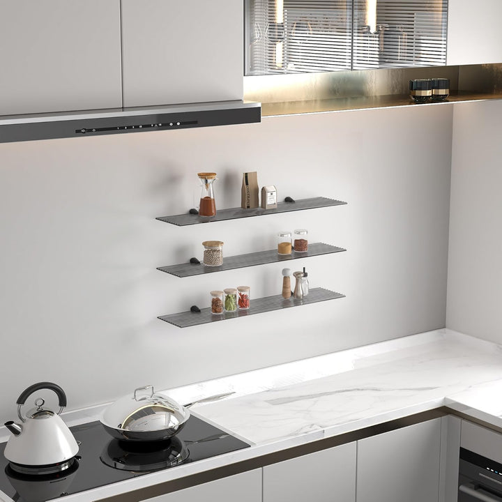 Euro Tische Glasregal 100 cm schwebend aus geriffeltem Grauglas mit schwarzer Halterung | Wandablage