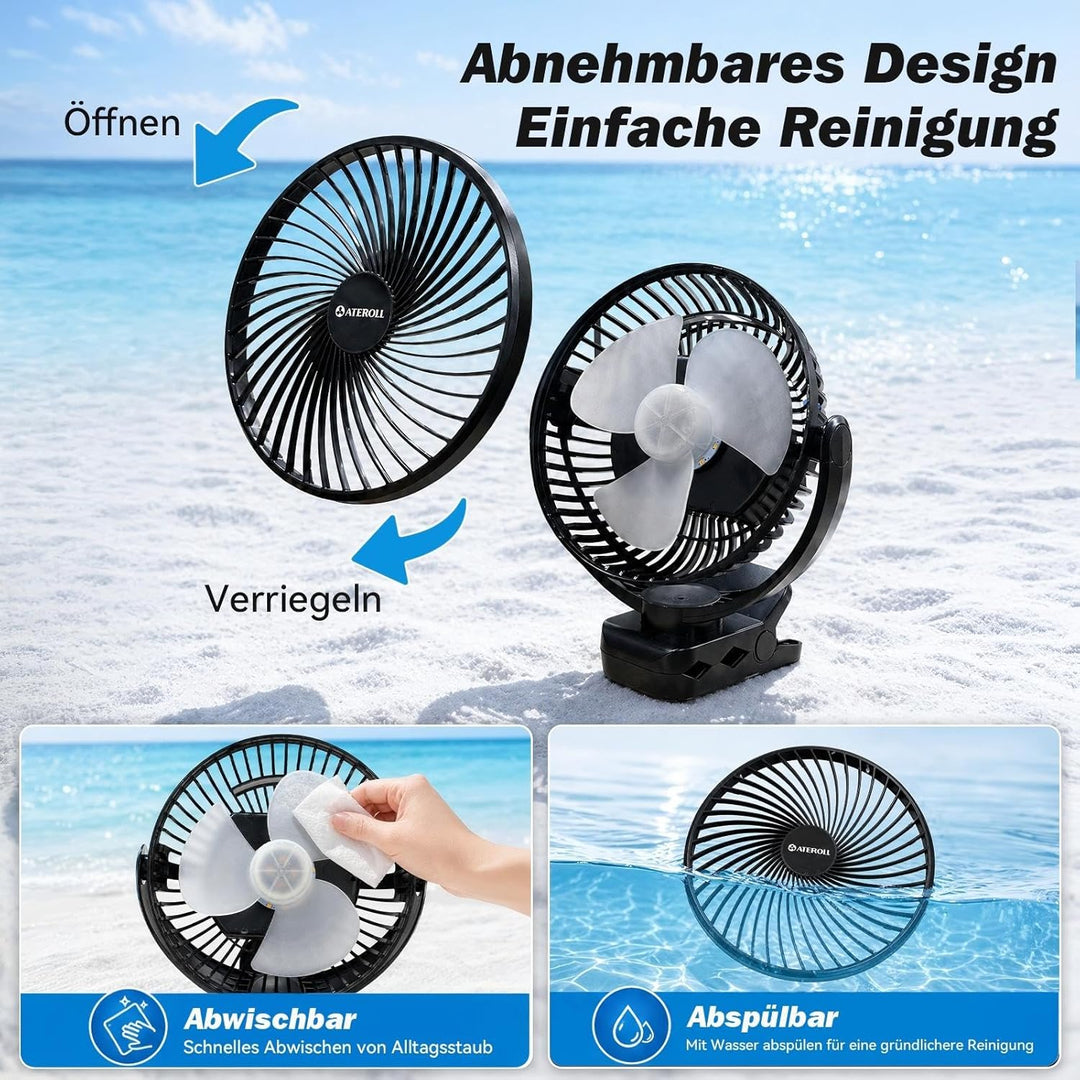 10000mAh Clip-On Ventilator mit Fernbedienung,3 Geschwindigkeiten USB Ventilator Akku mit Timer&LED-