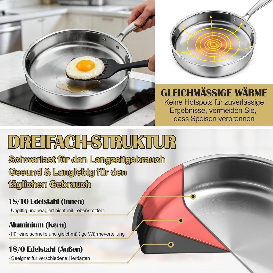HaWare Edelstahlpfanne 30 cm, 3-Lagige Edelstahl Pfanne Induktion,Unbeschichtet Bratpfanne für Alle