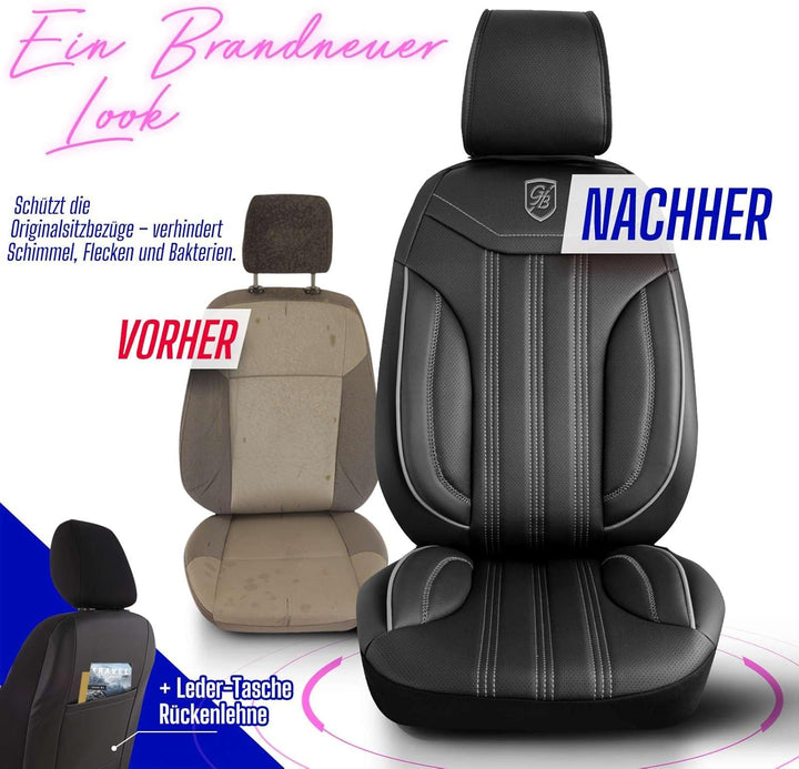 Autositzbezüge Universal für PKW & SUV – Premium Vordersitze Auto Sitzbezug aus Leder, Schwarz-Grau,