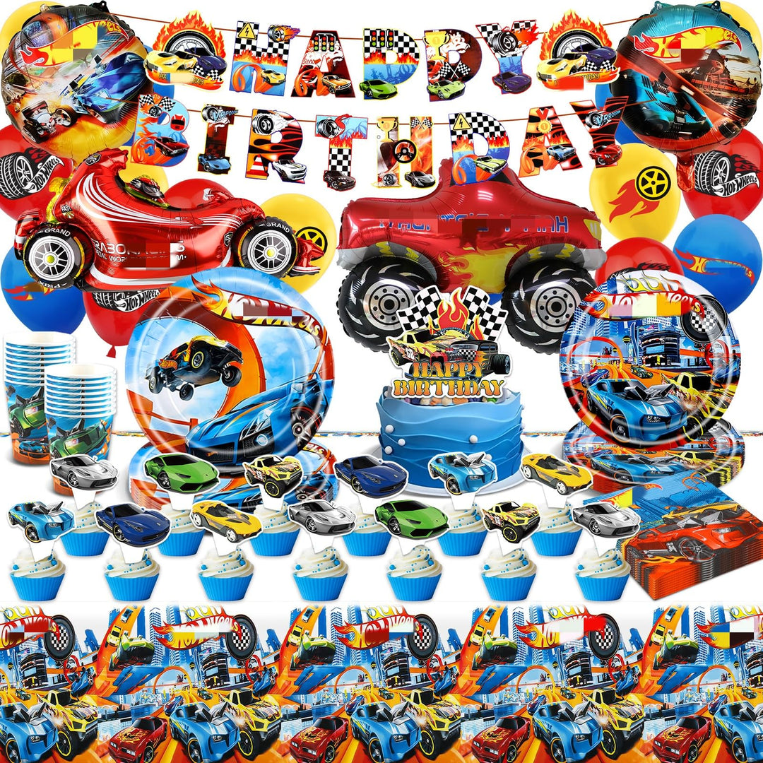 Geburtstag Party Deko Geschirr Ballons Rennauto- 99Pcs Car Luftballons Pappteller Tischdecke Banner