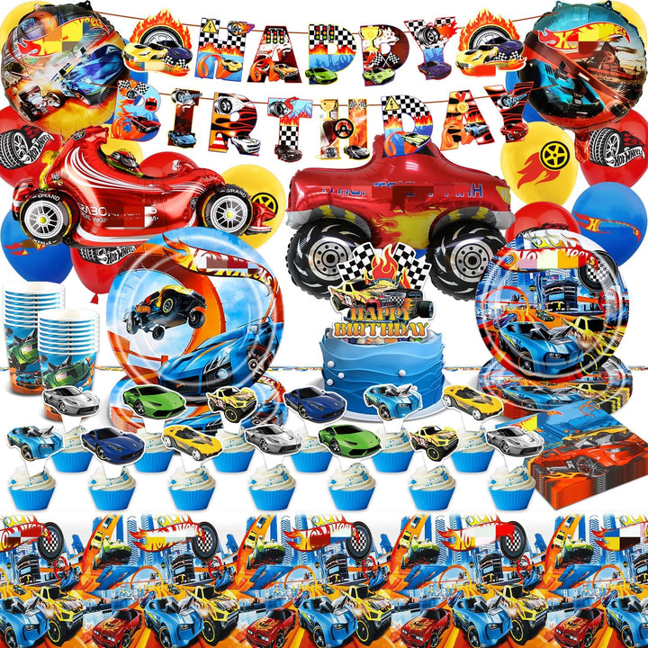 Geburtstag Party Deko Geschirr Ballons Rennauto- 99Pcs Car Luftballons Pappteller Tischdecke Banner