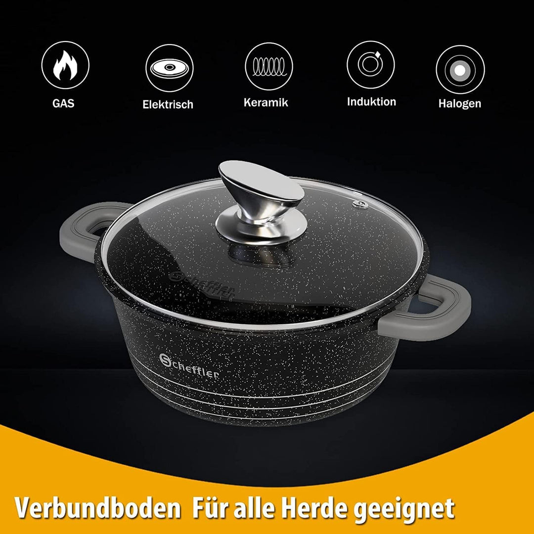 Topf Scheffler Kochtopf 24cm 4L mit Glasdeckel, Schmortopf mit Antihaftbeschichtung, Bratentopf Indu