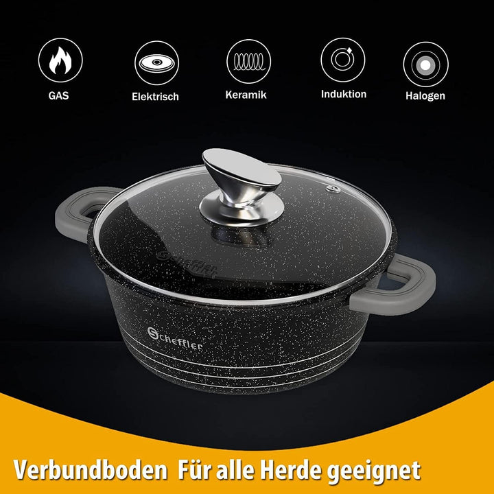 Topf Scheffler Kochtopf 24cm 4L mit Glasdeckel, Schmortopf mit Antihaftbeschichtung, Bratentopf Indu