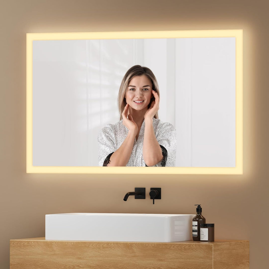 EMKE® Badspiegel mit Beleuchtung 100x60cm LED Wandspiegel 3000K Warmweiss Wandschalter Vertikal/Hori