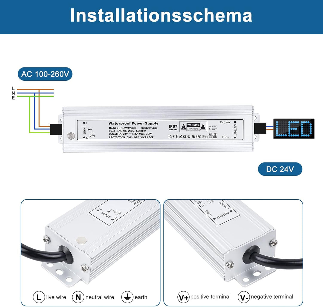 VARICART IP67 Wasserdichter LED Trafo 24V 30W 1.25A LED Treiber Netzteil, Ultra Dünn Konstantspannun