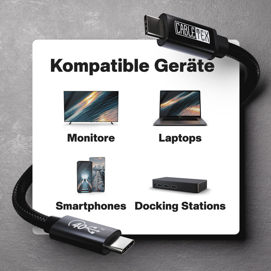 CABLETEX 1m USB 4 Gen3x2 Monitorkabel für Thunderbolt 3, USB C | 40GBit/s | 8K Video | 100W | 5A | 2