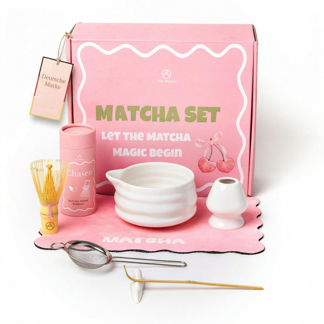 Premium Matcha Set 7-teilig in weiss – Design Keramik Schale mit Ausgiesser, Bambusbesen & Zubehör –