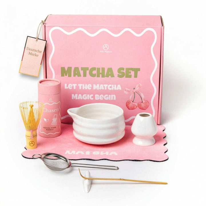 Premium Matcha Set 7-teilig in weiss – Design Keramik Schale mit Ausgiesser, Bambusbesen & Zubehör –